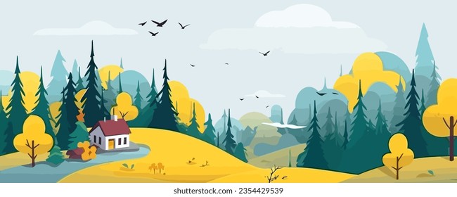 House forest landscape flat cartoon isolated on white background. Vector illustration