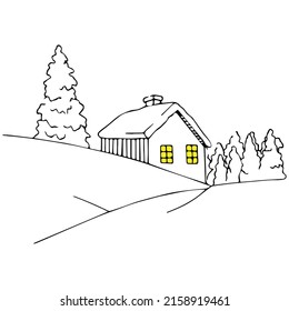 house in the forest with light in the windows isolated vector hand drawn sketch