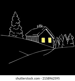 house in the forest with light in the windows isolated vector hand drawn sketch