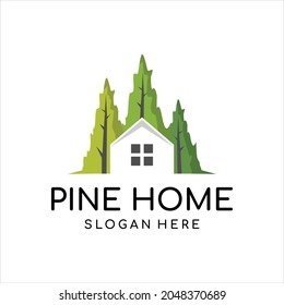 House forest logo design vector. Vector logo design template of pine trees and house that made from a simple scratch
