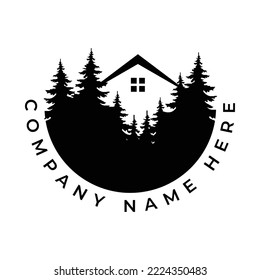 Diseño del logotipo del bosque de la casa vectores de pinos y de la casa forestal Ilustración del vector