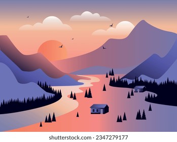 Casa en montañas forestales. Atardecer. Viajes, caminatas, al aire libre y concepto de aventura. Usar como fondo o fondo de pantalla. Ilustración del vector