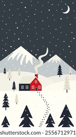 House in the forest in the mountains. Winter landscape. Vector flat illustration