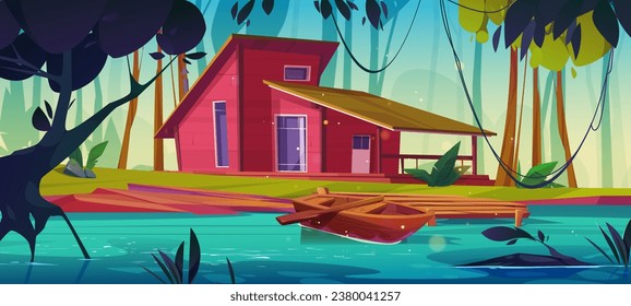 House in forest near lake cartoon background illustration. Summer cabin exterior near river. Rural shack construction near wooden dock in jungle. Small cottage on riverside for adventure picture