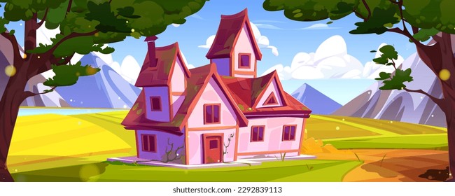 Casa en bosque cerca del paisaje de los vectores de montaña. Campo de cultivo en verano con casa de pueblo en la escena de dibujos animados de alps hill. Casa de campo al aire libre con soleada ilustración panorámica. El valle de los productos lácteos para viajar a orillas del río
