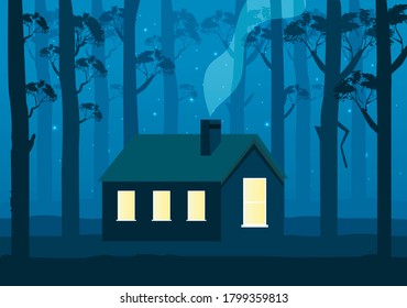 House in the forest at night background illustration.