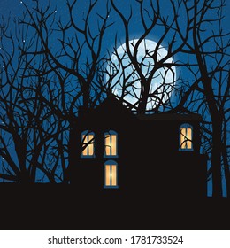 House in the forest at night under the moon. vector illustration