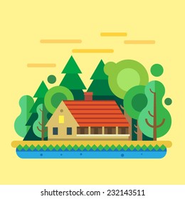 House in  forest, summer landscape. Vector flat illustration