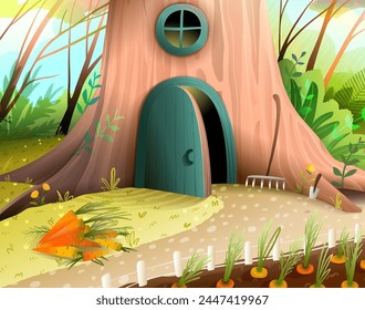 House in the forest tree with door and window. Carrots growing in vegetable garden in woods, empty background for children story. Vector book illustration for kids fairytale.