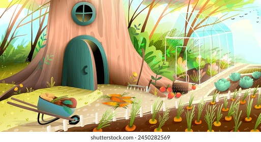 House in the forest tree with door and window. Greenhouse, carrots growing and farming in vegetable garden in woods. Background for children story. Vector book illustration for kids fairytale.