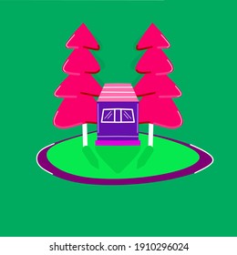 A house in the forest with twins tree beside it. Looks minimalist and isolated