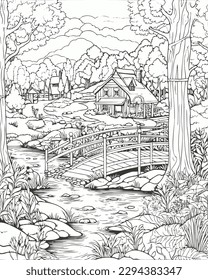 Casa en el bosque vectorial colorear libro blanco y negro para adultos línea aislada de arte sobre fondo blanco.