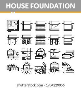 House Foundation Base Collection Icons Set Vector. Concrete And Brick Building Foundation, Broken And Rickety Basement, Plan And Size Concept Linear Pictograms. Contour Illustrations