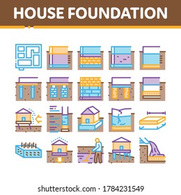 House Foundation Base Collection Icons Set Vector. Concrete And Brick Building Foundation, Broken And Rickety Basement, Plan And Size Concept Linear Pictograms. Color Contour Illustrations