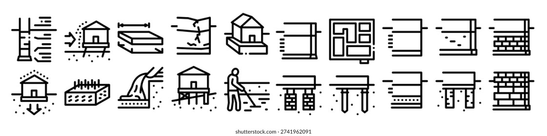 House Foundation Base Collection Icons Set Vector. Concrete And Brick Building Foundation, Broken And Rickety Basement, Plan And Size Concept Linear Pictograms. Contour Illustrations