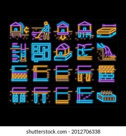House Foundation Base Neon Leuchtzeichen Vektor. Leuchtende Symbol-Beton- und Ziegelbau-Stiftung, zerbrochene und undurchsichtige Keller-, Plan- und Größenillustrationen