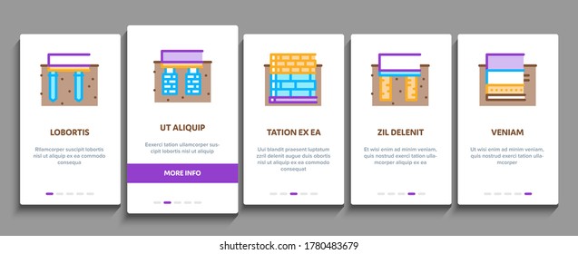 House Foundation Base Onboarding Mobile App Page Vector. Stiftung für den Bau von Beton- und Ziegelsteinen, zerbrochener und unsicherer Untergeschoss-, Plan- und Größenillustrationen