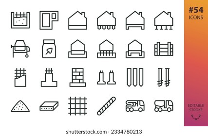 House foundation isolated icons set. Set of formwork, concrete piles, iron screw pile, monolithic strip foundation, reinforced concrete plate, cement, steel rebar, slab, cement bulk truck vector icon