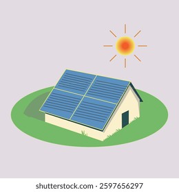 A house with four blue solar panels on its roof stands amid green grass and a radiant yellow sun. This image highlights sustainable living and clean energy.