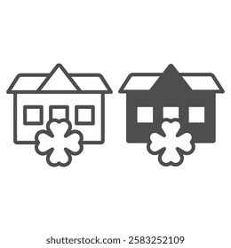 House with four leaf clover line and solid icon, household saint Patrick day concept. Vector graphics. Building with clover sign on white background, outline style icon for mobile or web design