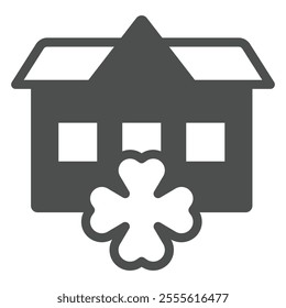 House with four leaf clover solid icon, household saint Patrick day concept. Vector graphics. Building with clover sign on white background, outline style icon for mobile or web design