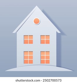 House with four windows paper cut style silhouette with pastel colors and shadow effects on a light background