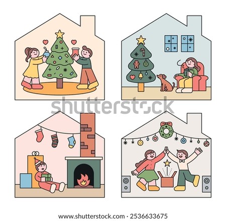 House frame concept. Various people spending Christmas. Partying and having a good time. outline simple vector illustration.