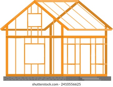 House frame construction with wooden beams and foundation. New home building and design concept vector illustration.