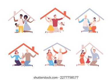 House frames with parents and kids inside set flat vector illustration