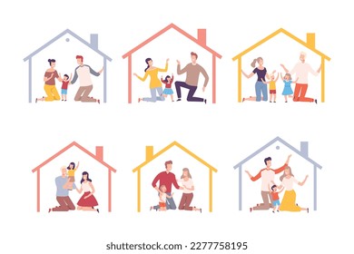 House frames with parents and kids inside set. Happy families at home flat vector illustration