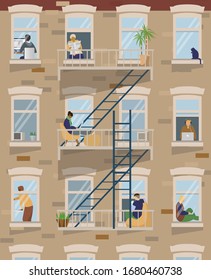 Casa delantera con diferentes personas que se quedan en casa, trabajando, estudiando, leyendo. Hogar. Gente en las ventanas. Ilustración vectorial plana.