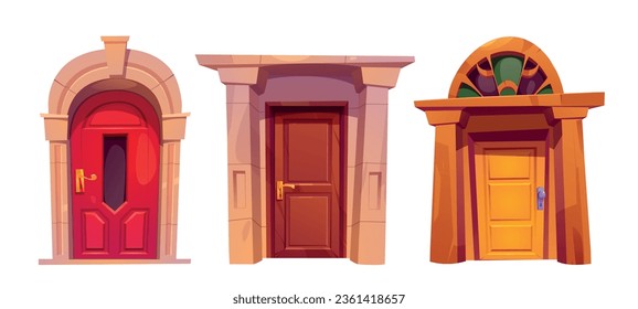 House front door cartoon vector illustration. Home building entrance exterior isolated design set. Different closed doorway icon for apartment or office. Detailed external architecture facade elements