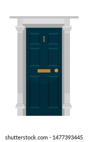 House Front Door Flat Vector Illustration. Blue Luxury Victorian Door With Golden Home Number Sign And Post Hole Isolated Clipart On White Background. House Entry, Architecture Design Element