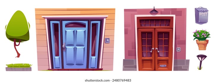 House front door and outside porch cartoon vector. Brick home entrance exterior for modern street scene. Letterbox and lamp for neighborhood architecture. Outdoor welcome architecture collection