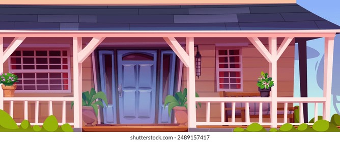 House front door with porch and window on facade cartoon illustration. Wooden home building exterior with fence near entry for beautiful neighborhood scene. Doorstep on patio for village design