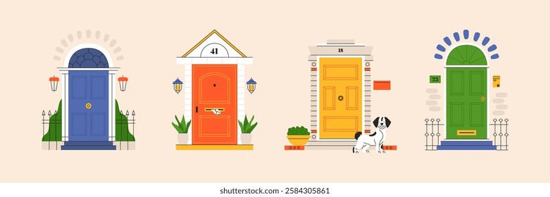 House front door set. Cartoon residential doors entrance with doorsteps and plants, modern exterior facade elements, home doorway. Vector isolated flat collection