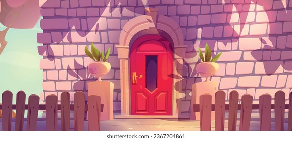House front door and wall exterior vector background. Outside brick home building architecture design. Wood fence on street and beautiful closed hotel red entry with handle above day sunlight graphic svg