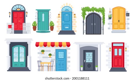 House front entrance. Building door architecture with arches, columns, flower pots, lamp, doorstep and mat. Facade wall exterior vector set. Illustration entrance building, exterior of entry front