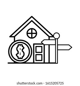 house front facade with coin dollar money vector illustration design