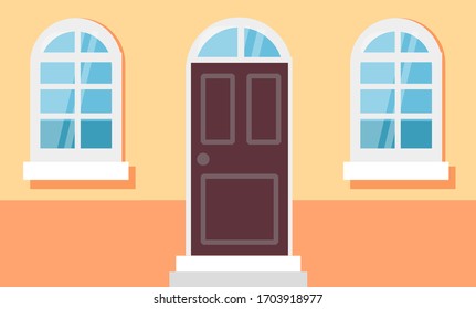 House Front Facade. Home Exterior, Front View Building Entrance Door And Glass Windows. Modern Street Constructions, Architecture Vector Illustration