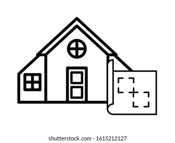 house front facade with paper map and pin location vector illustration design