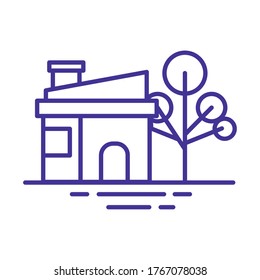 fachada frontal de casa con diseño de ilustración vectorial de estilo de línea de árbol