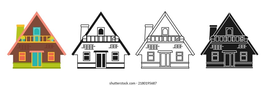 House front flat cartoon or engraved ink stamp or linear doodle design set. Modern cozy buildings. Village or urban facade, small and tiny houses. Residential homestead, cottage or villa apartment
