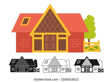 House Front Flat Cartoon Or Engraved Ink Stamp Or Linear Doodle Design Set. Village Or Urban Facade, Small And Tiny Houses. Modern Cozy Buildings. Residential Homestead, Cottage Or Villa Apartment