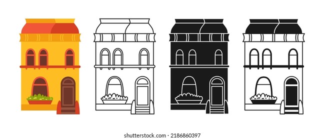 House Front Flat Cartoon Or Engraved Ink Stamp Or Linear Doodle Design Set. Urban Loft Facade, Small And Tiny Houses. Modern Cozy Buildings. Residential Homestead, Cottage Or Villa Apartment