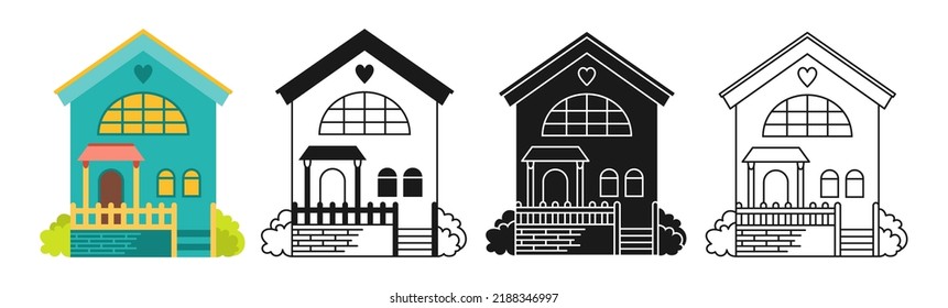 House front flat cartoon or engraved ink stamp or linear doodle design set. Urban, vintage loft facade, small and tiny houses. Modern cozy buildings. Residential homestead, cottage or villa apartment