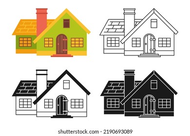 House front flat cartoon or engraved, ink stamp or linear doodle set. Small tiny houses, modern cozy building, vintage village facade. Residential homestead, cottage or villa apartment design