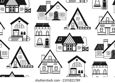 El doodle plano frontal de la casa es un patrón sin fisuras. Infinito ornamento de varias fachadas de pueblo o pequeñas casas urbanas. El diseño de las paredes de los edificios modernos y acogedores de estilo vintage se repite. Fondo de la casa de campo residencial