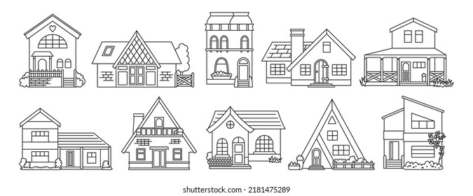 House front flat line doodle set. Various facade village or urban, small and tiny houses. Contour modern or vintage cozy buildings. Residential homestead, cottage or villa facades apartment vector