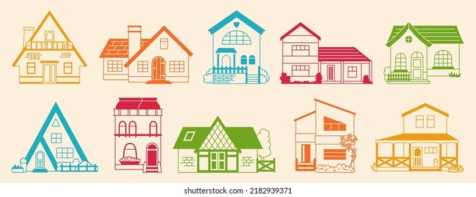 House Front Flat Line Doodle Set. Colorful Facade Village Or Urban, Small And Tiny Houses. Contour Modern Or Vintage Cozy Buildings Symbol. Residential Homestead, Cottage Or Villa Facades Apartment